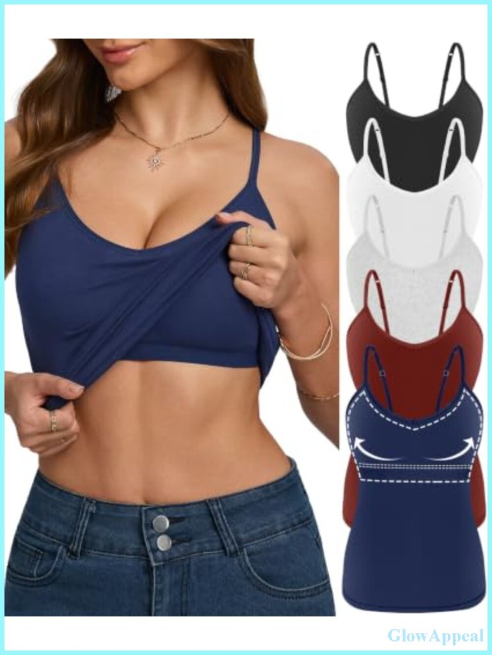 Womens V-Neck Cotton Camisole Shelf Bra Tank Tops 5 Pack Adjustable Straps